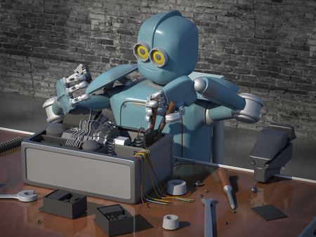 Retro Robot Repairs a broken mechanism,  restores the detail. 3d Render.の写真素材