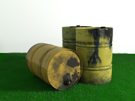 yellow metal barrel oil on green grass, old dirty isolated on white background, yellow waste bin oil...
