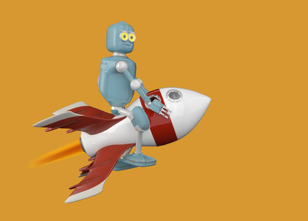 The robot on rocket 3d render.の写真素材