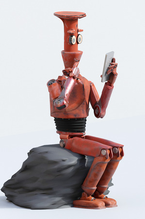 retro robot thinks sitting on the cube,look on cell phone, artificial intelligence, ai. 3D rendering.の写真素材
