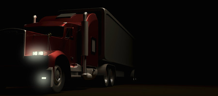 American style red truck at night. Semi Truck with Cargo Trailer. 3D rendering.の写真素材