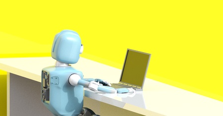 The robot with laptop.3d render.の写真素材