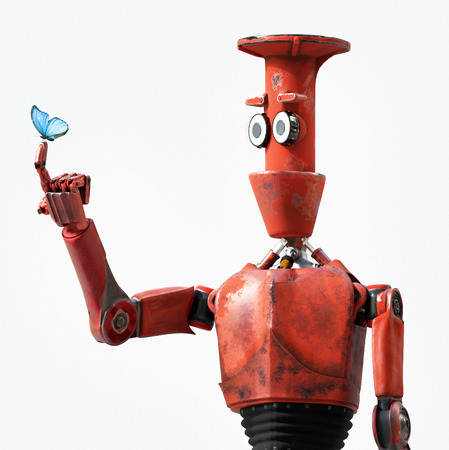 The robot and butterfly on hand . retro toy and nature,3d render.の写真素材