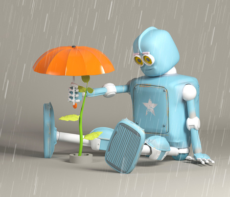 The retro robot protect sprout, plant,3d, renderの写真素材