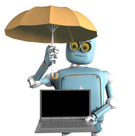 The robot with umbrella protects laptop.3d renderの写真素材