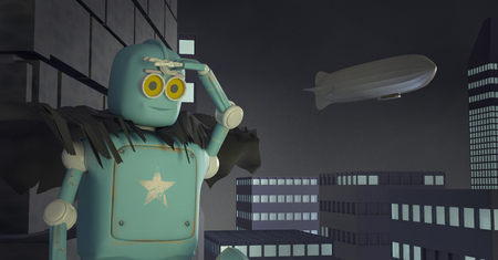 The retro robot with a telephone on box, airship,dirigible,3d, render.の写真素材