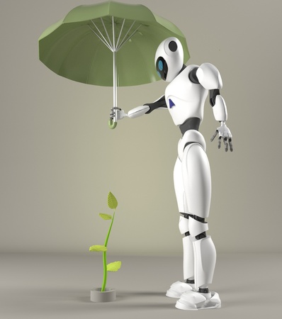 The robot female protect sprout, plant,3d, renderの写真素材