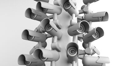 Many security cameras on the city pillar, big brother watching you. Surveillance CCTV camera. 3D rendering.の写真素材