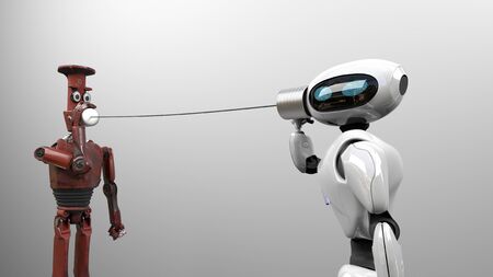 The two robots with tin can phones, new genaration,information,3d renderの写真素材
