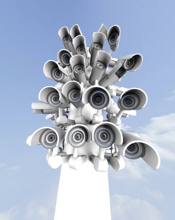 Many security cameras on the city pillar, big brother watching you. Surveillance CCTV camera. 3D rendering.の写真素材