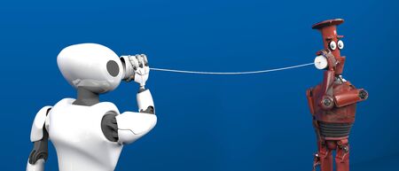The two robots with tin can phones, new genaration,information,3d render