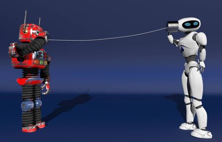 The two robots with tin can phones, new genaration,information,3d render