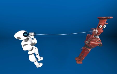 The two robots with tin can phones, new genaration,information,3d render