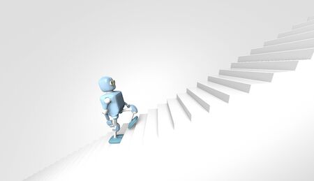 The robot walks on the stair, on the white bacground,3d render.の写真素材