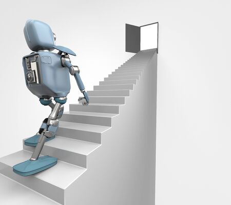 The robot walks on the stair, on the white bacground,3d render.の写真素材