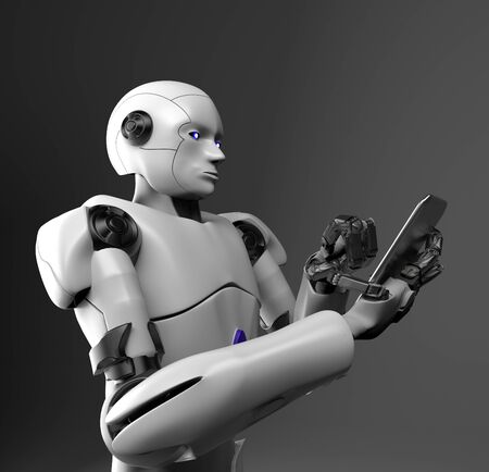 The humanoid robot with telephone,3d render.の写真素材
