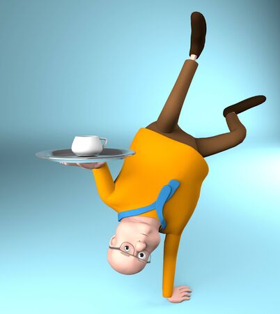 The fat man stands on one arm and hold a cup with a tray,acrobatic,3d render.の写真素材