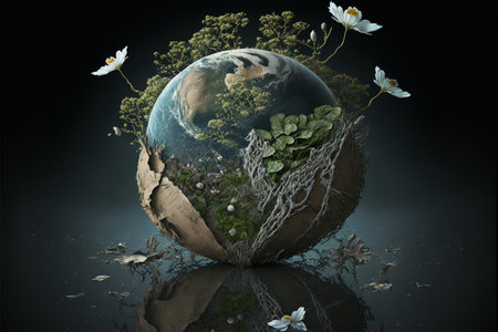 Planet freed from environmental problems sprouted with greenery and flowers, Ai generated imageの素材