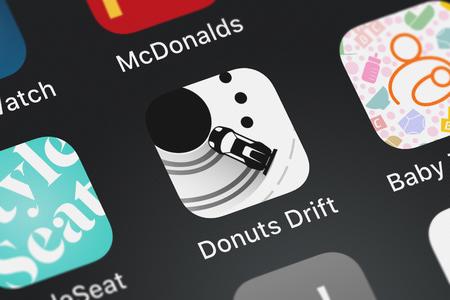London, United Kingdom - September 29, 2018: Close-up shot of the Donuts Drift application icon from...