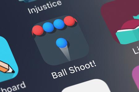 London, United Kingdom - September 29, 2018: Close-up shot of the Ball Shoot application icon from Voodoo on an iPhone.のeditorial素材