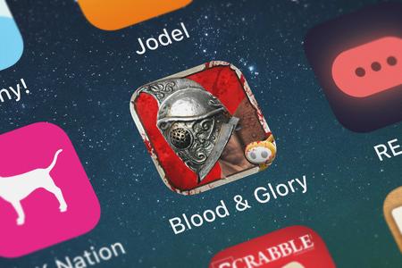 London, United Kingdom - October 03, 2018: Close-up shot of the Blood  Glory mobile app from Glu Games Inc.のeditorial素材