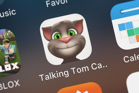 London, United Kingdom - October 03, 2018: Close-up shot of the Talking Tom Cat for iPad mobile app...