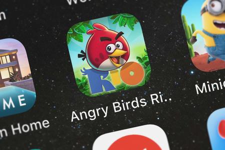 London, United Kingdom - October 03, 2018: Close-up shot of the Angry Birds Rio HD mobile app from...