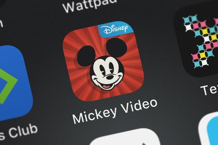 London, United Kingdom - October 03, 2018: Close-up shot of Disney's popular app Mickey Video.のeditorial素材