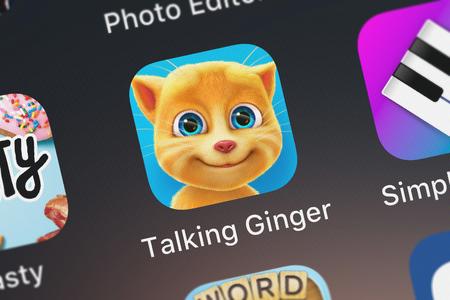 London, United Kingdom - October 03, 2018: Close-up shot of the Talking Ginger mobile app from Outfit7 Limited.のeditorial素材