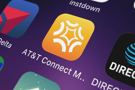 London, United Kingdom - October 03, 2018: Close-up of the ATT Connect Mobile icon from ATT Services, Inc. on an iPhone.のeditorial素材