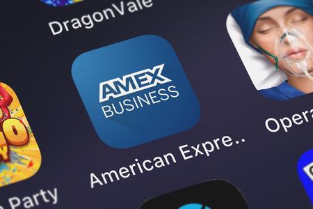 London, United Kingdom - October 03, 2018: Close-up shot of the American Express Spend Manager mobile app from American Express.のeditorial素材