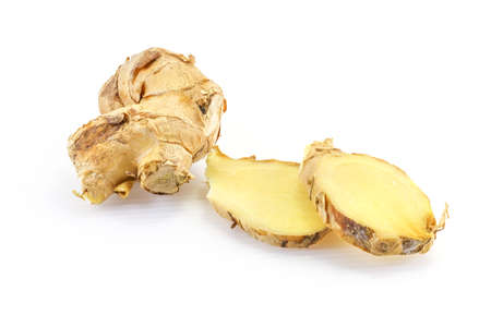 Ginger and sliced ginger cooking ingredient on white background