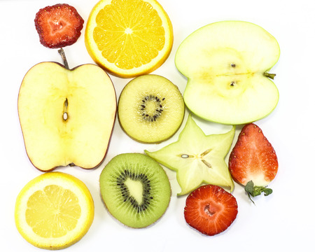 Apple kiwi star fruit orange lemon strawberry slice on white background fruit artの写真素材