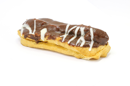 Chocolate layered Eclair pastry cream custard filled on white backgroundの写真素材
