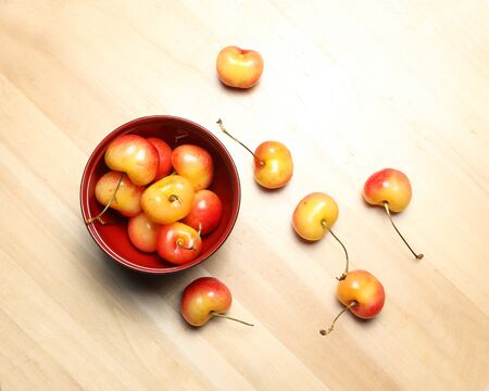 Red yellow Cherry Fruit  ripe juicy fresh on white backgroundの写真素材