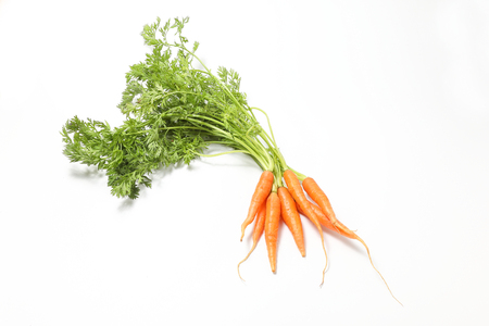 Small baby carrot with green leafs on white backgroundの写真素材