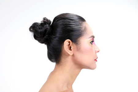 Makeup Asian Woman Model High Fashion Closeup Face Portrait artistの写真素材