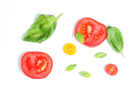 Fresh Red Tomato Green Basil Leaf vegetable ingredients  の写真素材