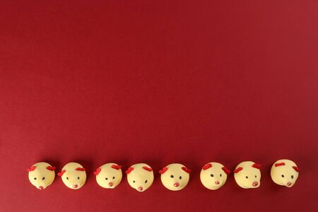 Chinese New Year rat mouse shaped cookie on red backgroundの写真素材