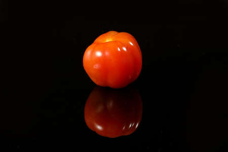 Fresh ripe small shiny red tomato on black backgroundの写真素材