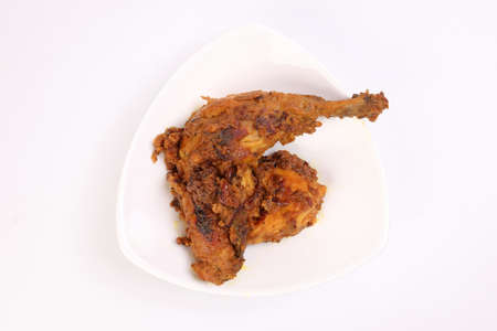 Indian style chicken curry pot roasted leg on white triangle dish over white backgroundの写真素材