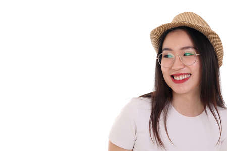 Beautiful young south east Asian woman wearing eyewear golden frame glasses hat pose fashion style...