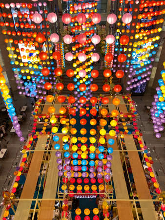 Kuala Lumpur, Malaysia-September 22, 2020- Chinese fish and flower shape decorative colorful paper lantern festival in Pavilion Mall in Bukit Bintang.のeditorial素材