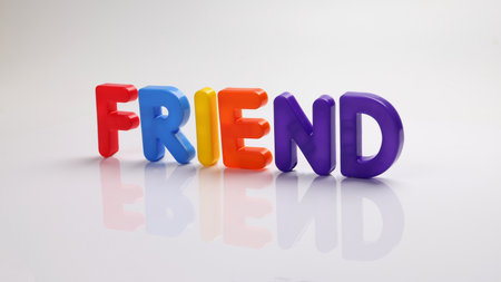 red green blue yellow plastic toy capital font letter alphabet friend on white background copy text space conceptの写真素材
