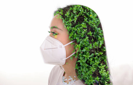 Double exposure woman on white background and outdoor nature tree plants