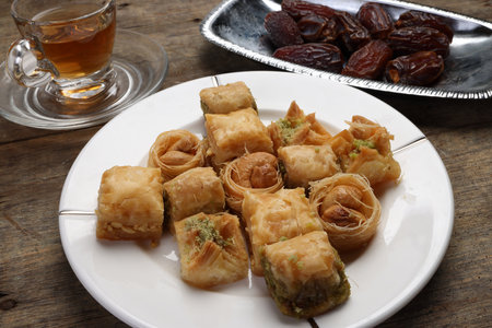 Layered stuffed pastry Baklava middle eastern sweet dessert dry ripe sweet date fruit tea in transparent glass cup saucer on rustic wooden backgroundの写真素材