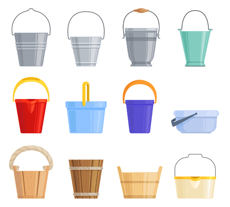 Set of different iron, plastic and wooden buckets of different shapes. Vector cartoon illustration.のイラスト素材