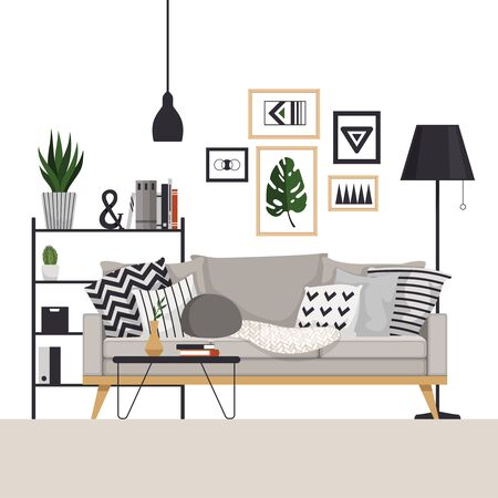 Gray sofa with a coffee table and rack with a floor lamp in Scandinavian style. With pictures, plants and pillows. Part of the living room. Vector illustrationのイラスト素材