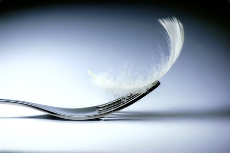 Conceptual image illustrating low-cal food. The fork and feather are brightly shined by spotlights...