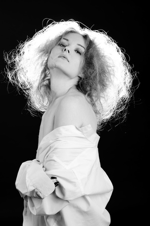 Sensual woman with fluffy hair. Black and white.の写真素材